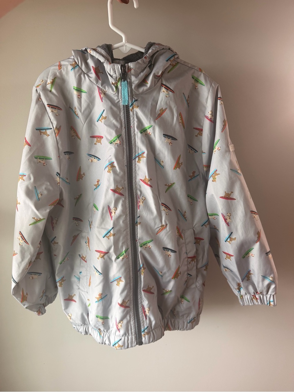 London Fog Light Gray Kids' Hooded Coat with Multicolor Puppy Surfboard Print
